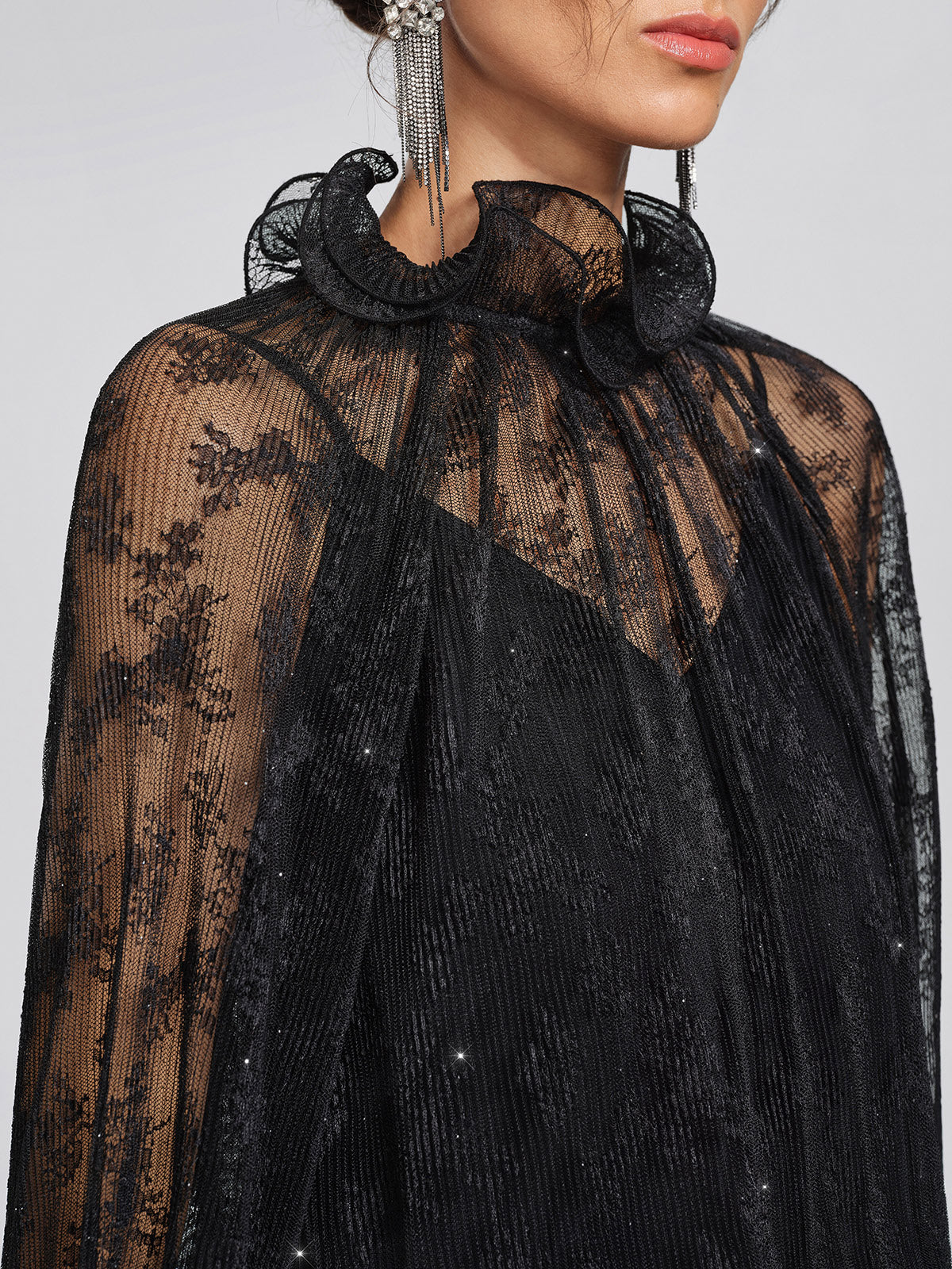 Pleated Mesh Floral Lace Blouse