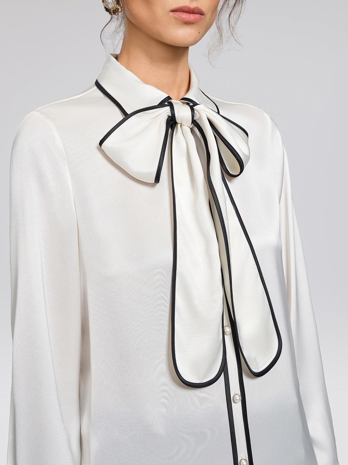 Satin Contrast Trim Bow Shirt