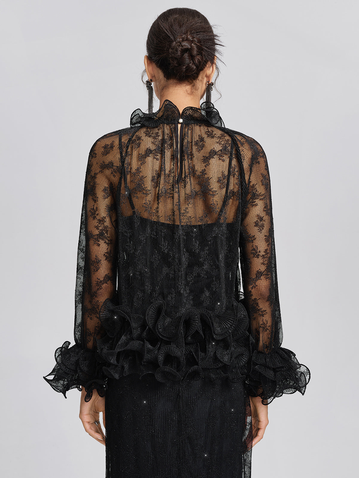 Pleated Mesh Floral Lace Blouse