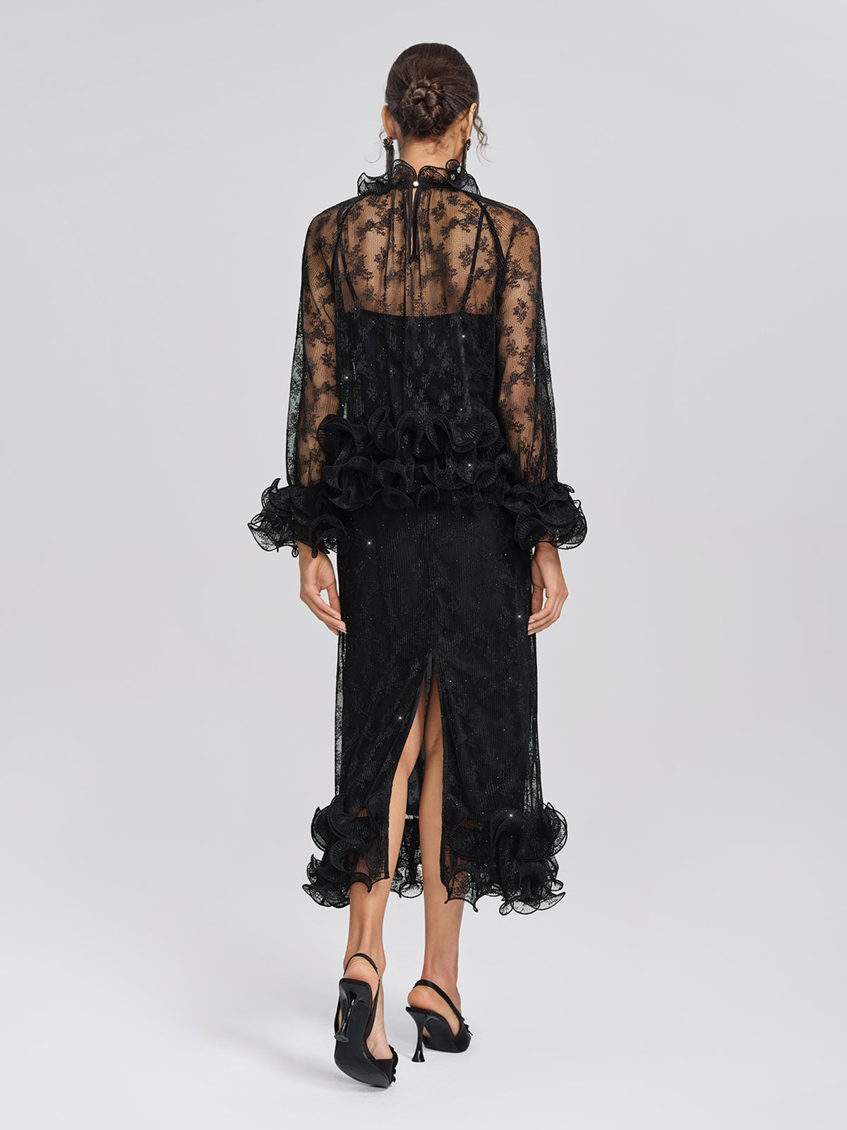 Pleated Mesh Floral Lace Blouse
