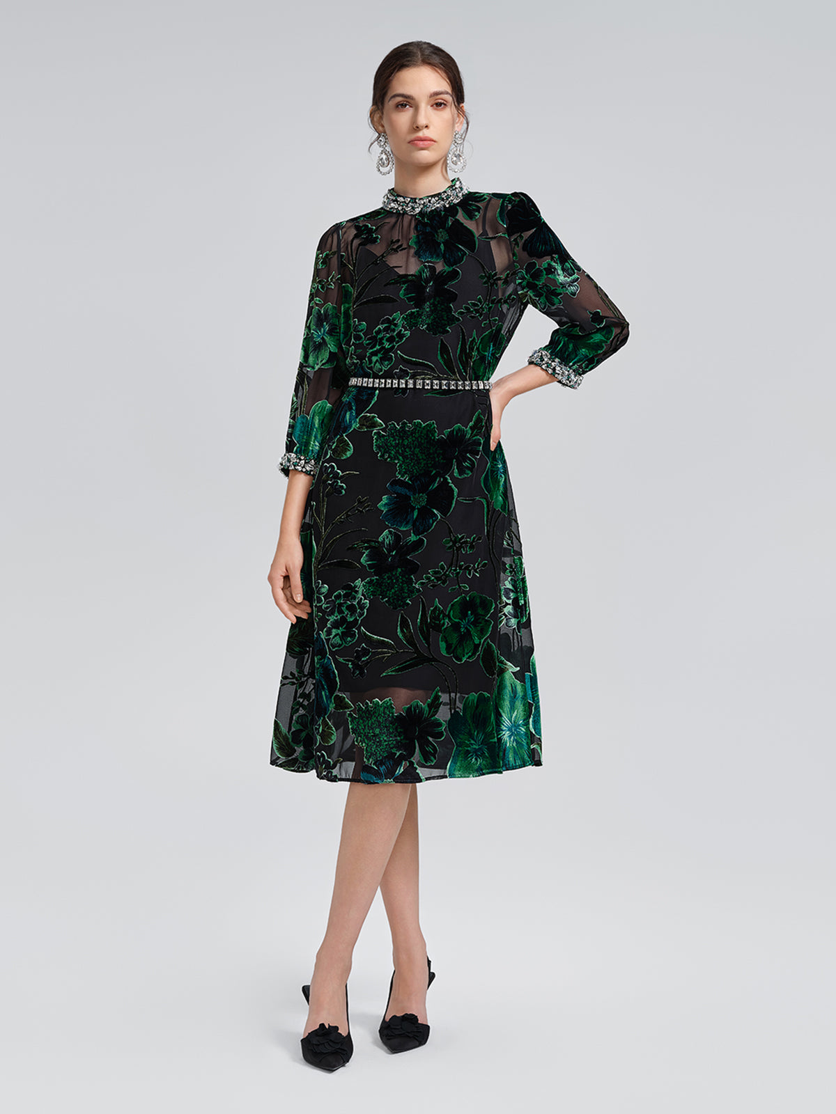 Flocked Burnout Floral Dress (Belt & Slip Dress Included)