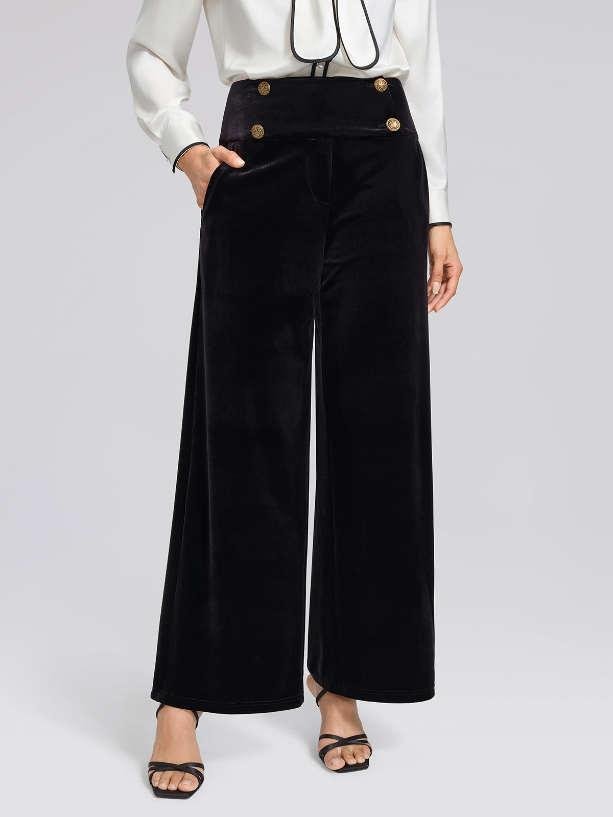 Velvet Embossed Metal-Button Wide-Leg Pants