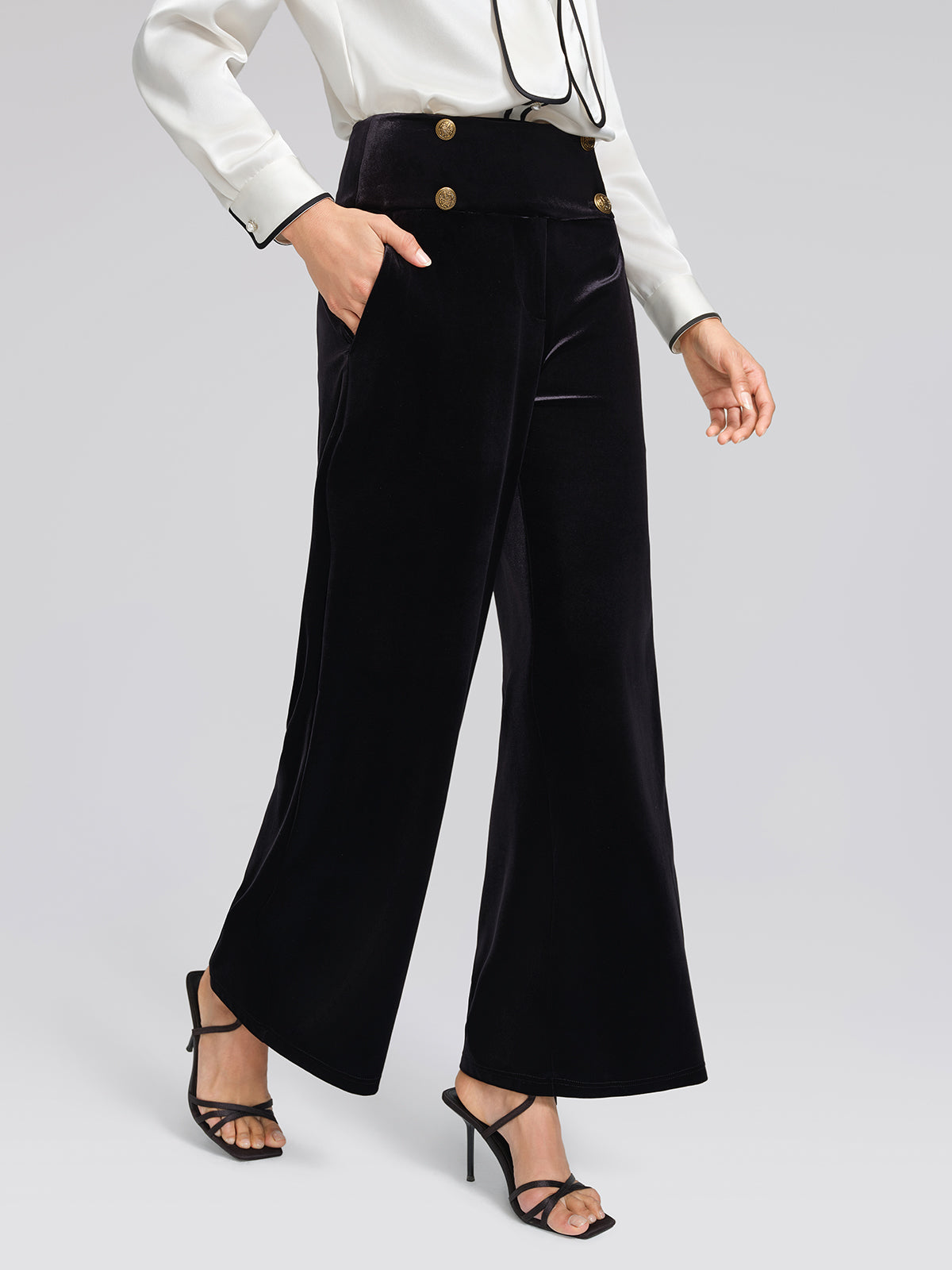 Velvet Embossed Metal-Button Wide-Leg Pants
