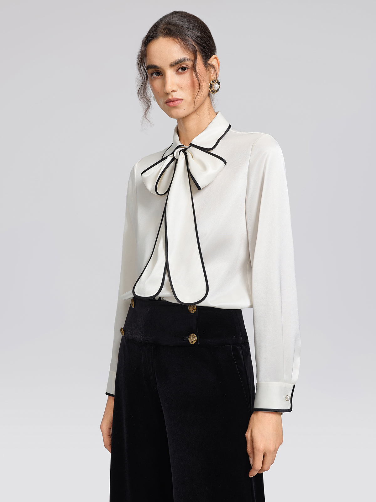Satin Contrast Trim Bow Shirt