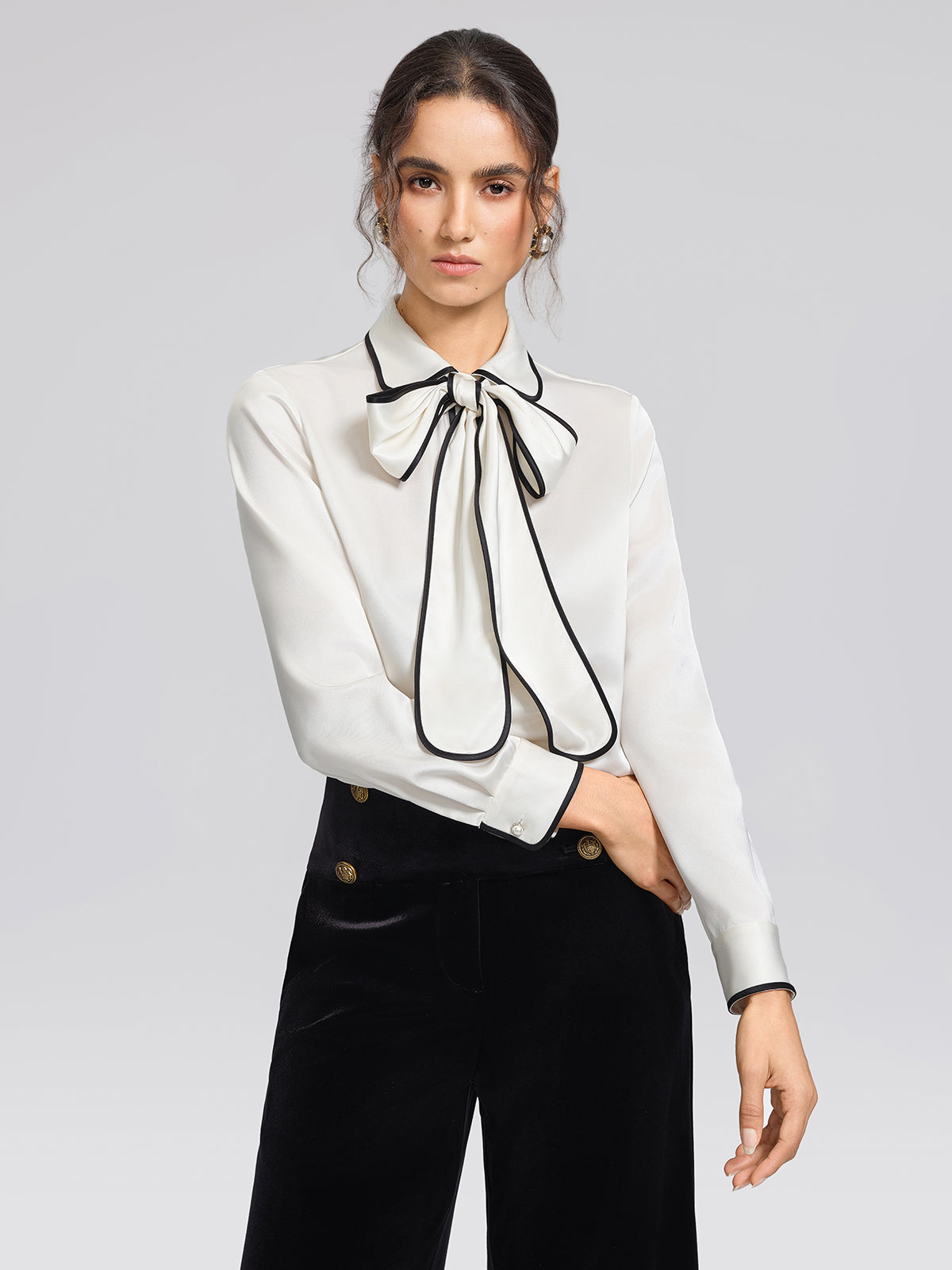 Satin Contrast Trim Bow Shirt