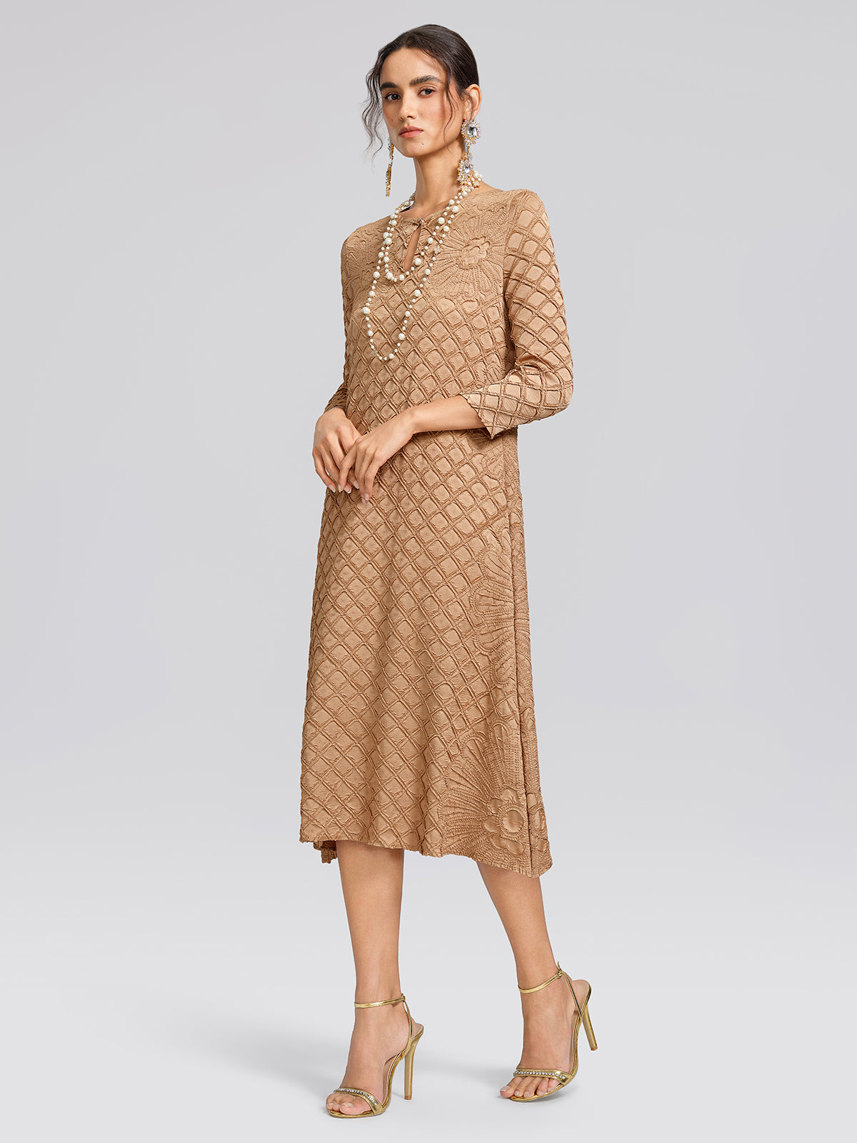 Diamond-Pleated Floral Embossed Dress