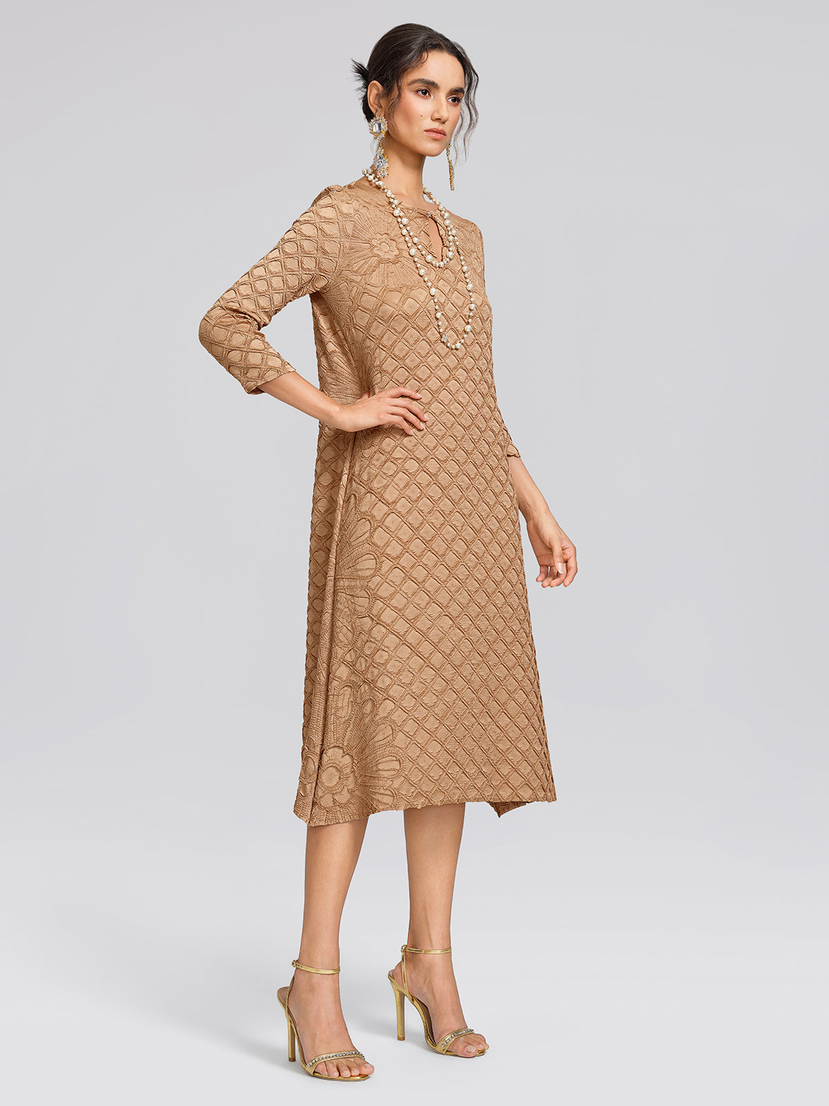 Diamond-Pleated Floral Embossed Dress