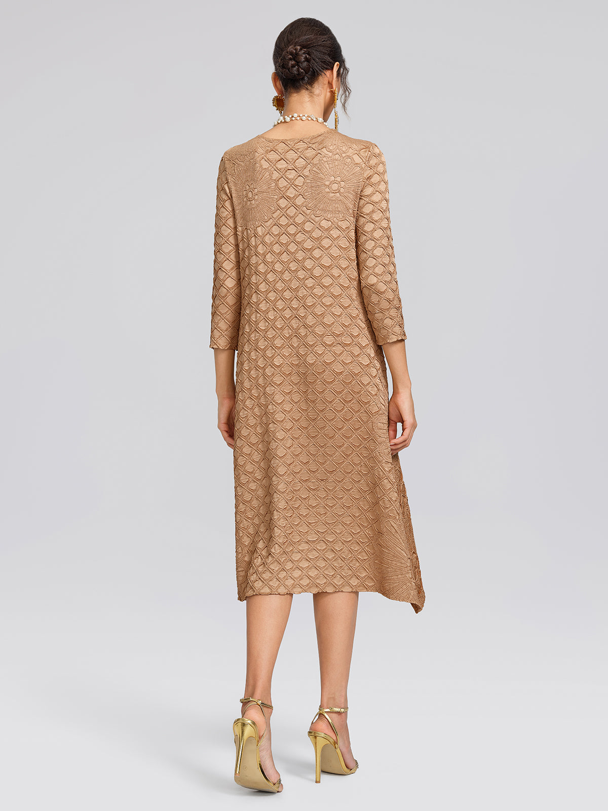 Diamond-Pleated Floral Embossed Dress