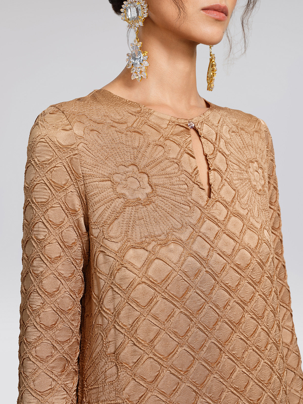 Diamond-Pleated Floral Embossed Dress