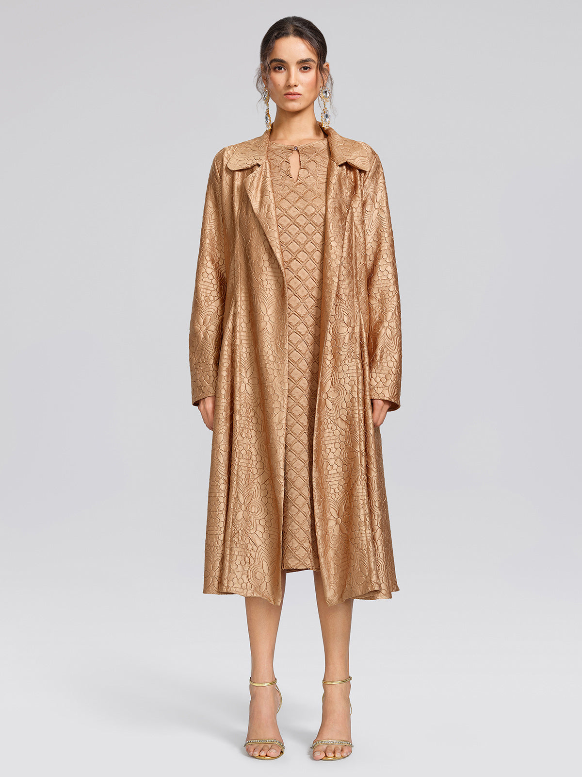 Diamond-Pleated Floral Embossed Dress