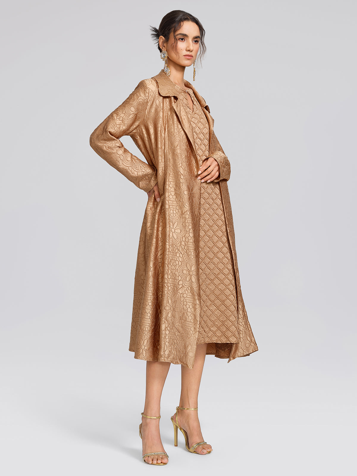 Pleated Floral Jacquard Trench Coat