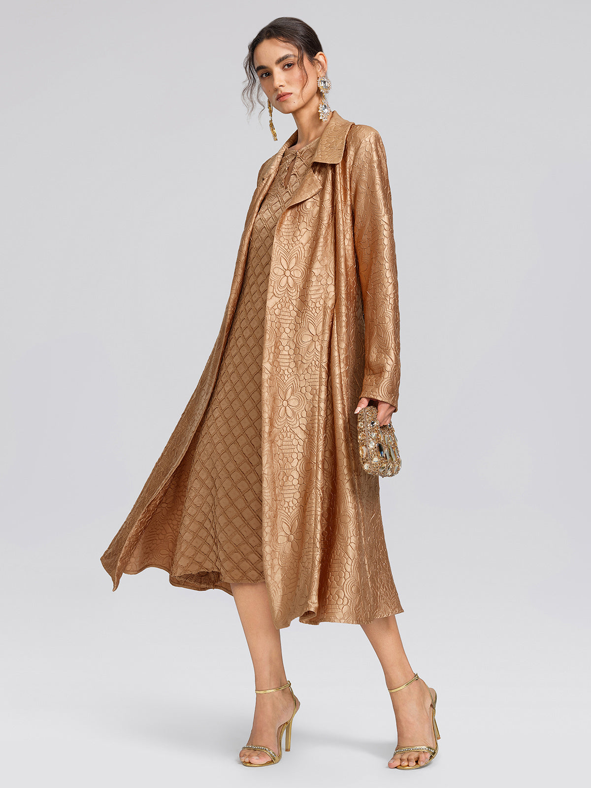 Pleated Floral Jacquard Trench Coat
