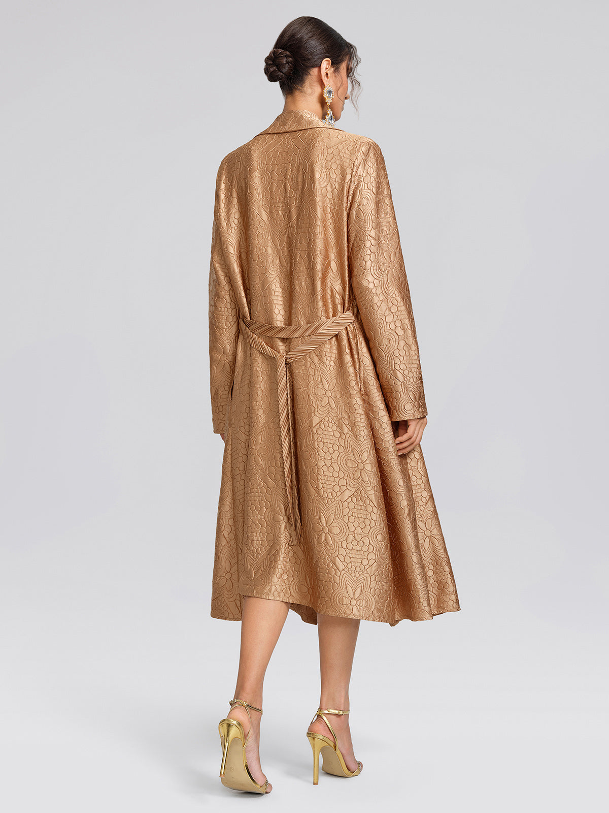 Pleated Floral Jacquard Trench Coat