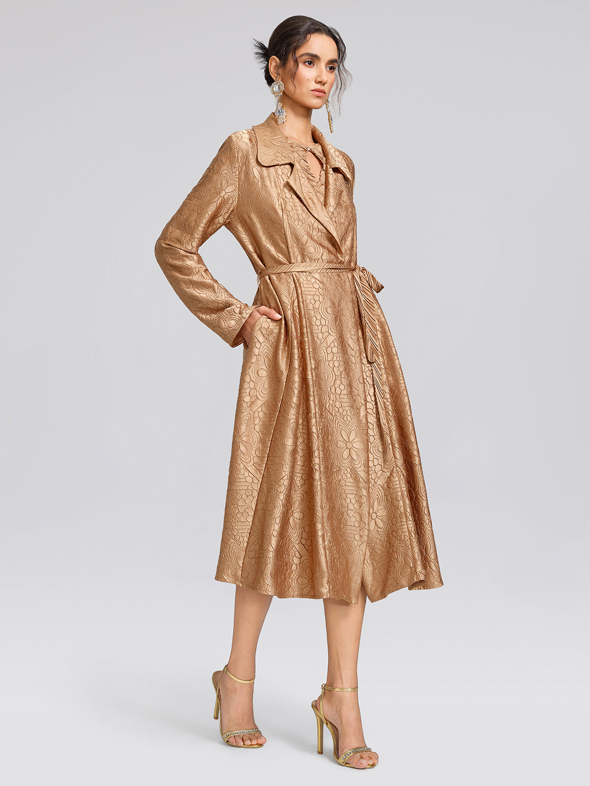 Pleated Floral Jacquard Trench Coat