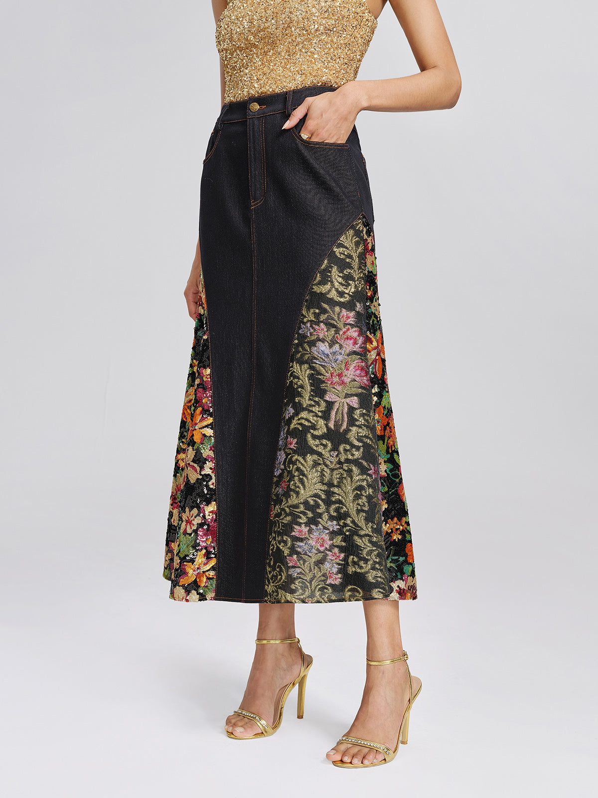Metallic Denim Sequin Jacquard Mermaid Skirt