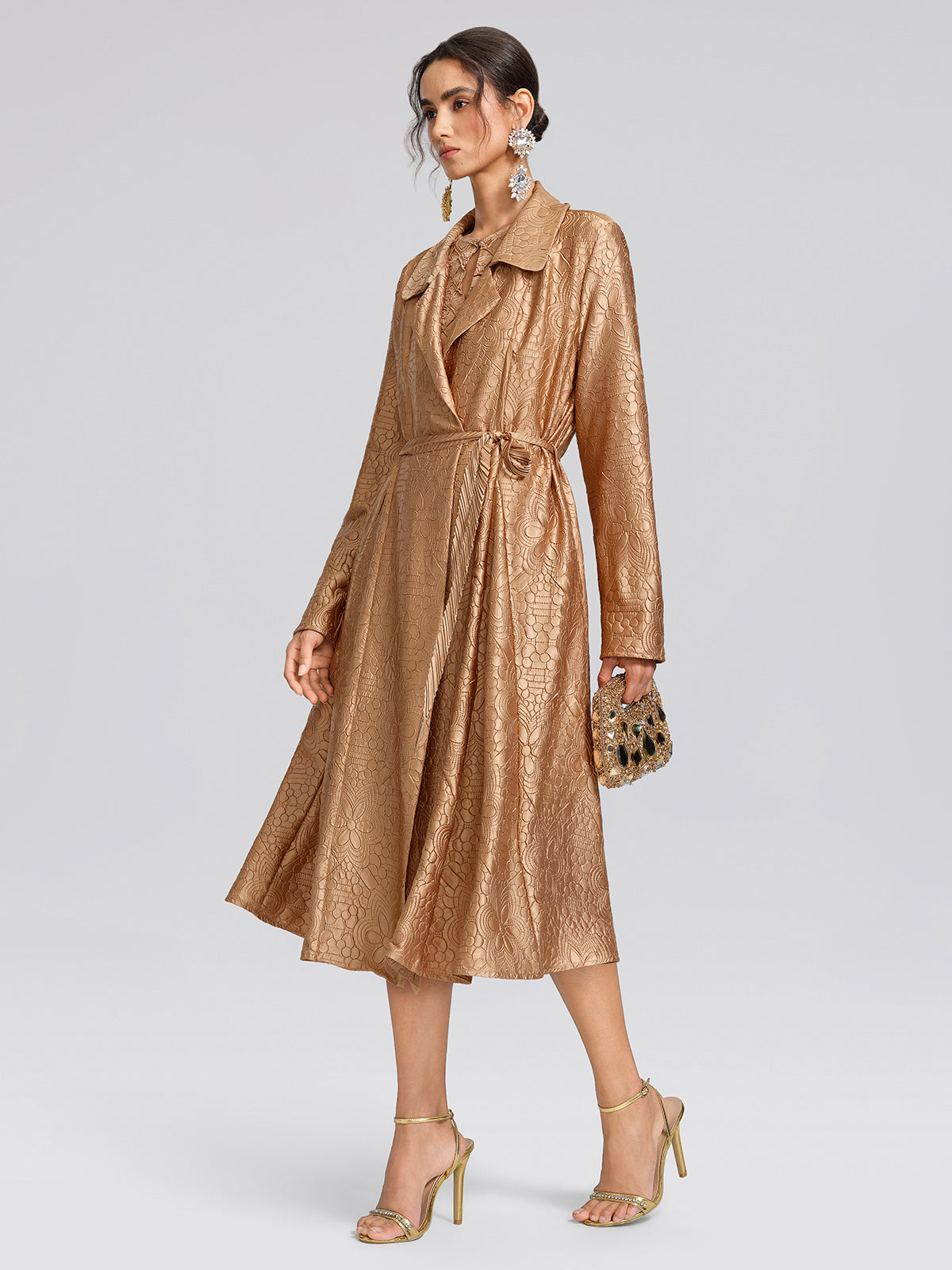 Pleated Floral Jacquard Trench Coat