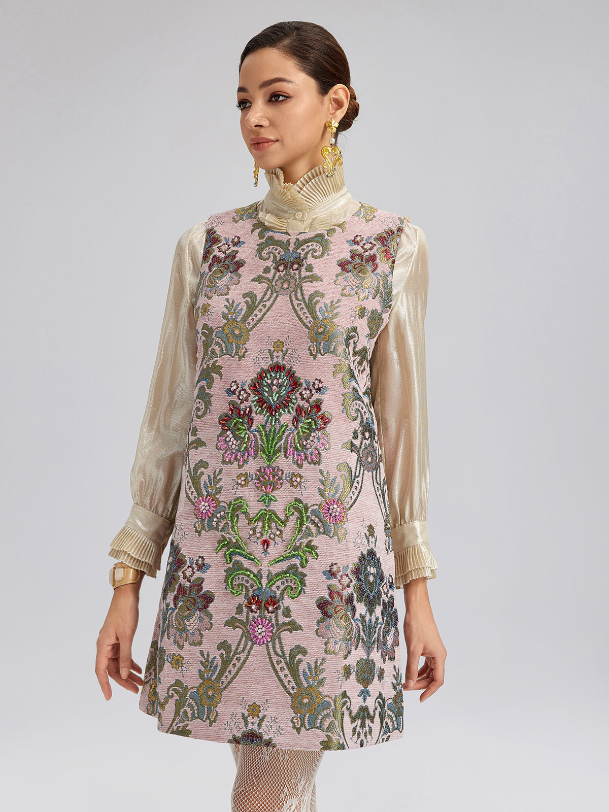 Hand-Beaded Embroidered Silk-Textured Dress