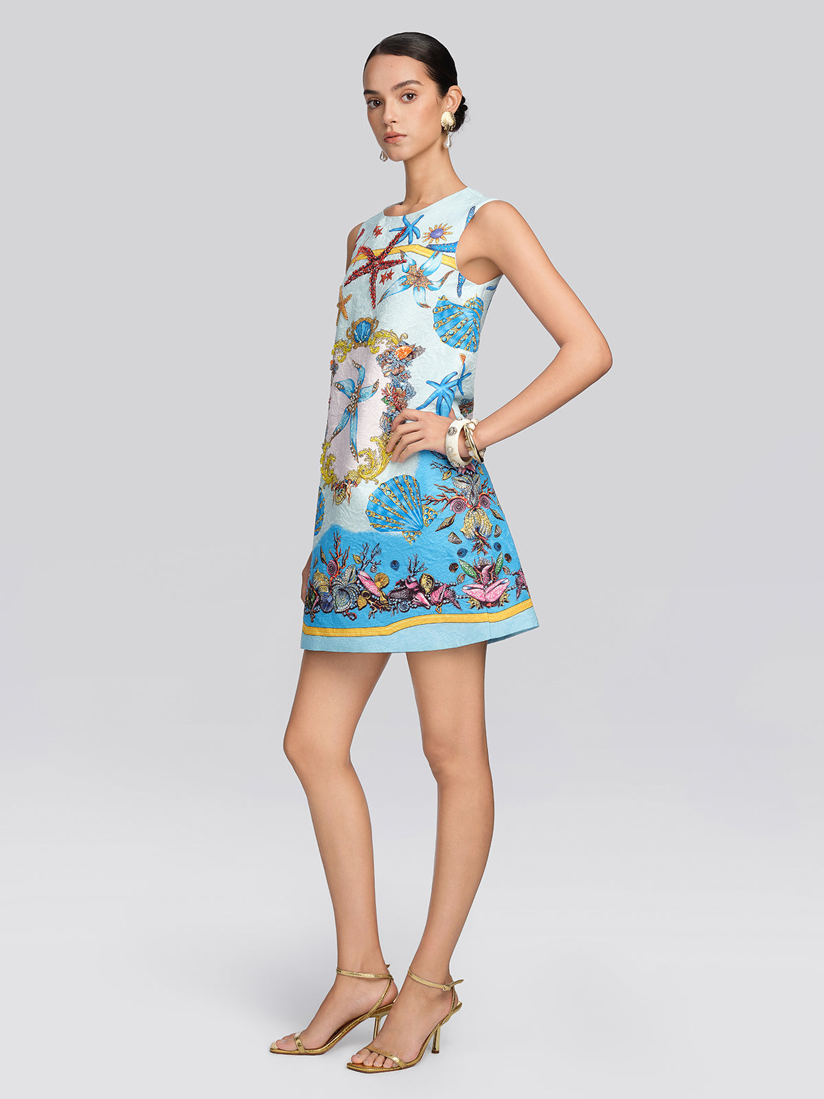 Hand Beaded Ocean Baroque Print Dress
