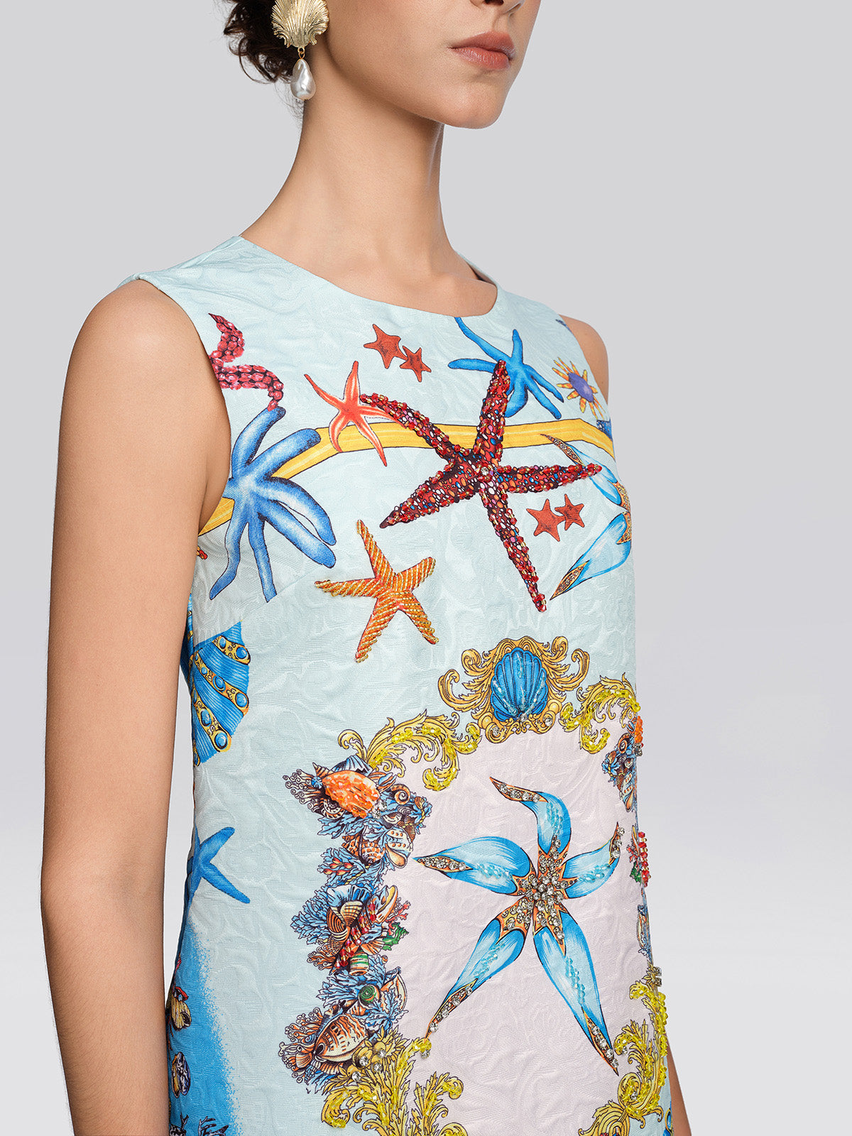 Hand Beaded Ocean Baroque Print Dress