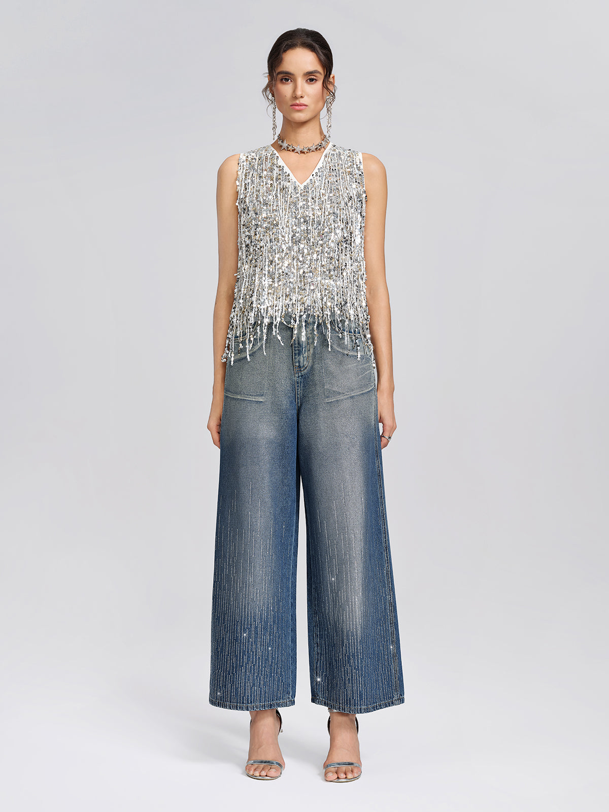 Silver-Washed Rhinestone Wide-Leg Jeans