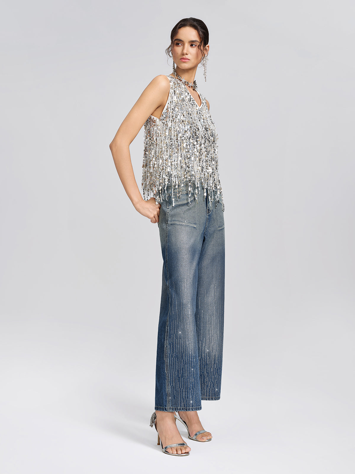 Silver-Washed Rhinestone Wide-Leg Jeans