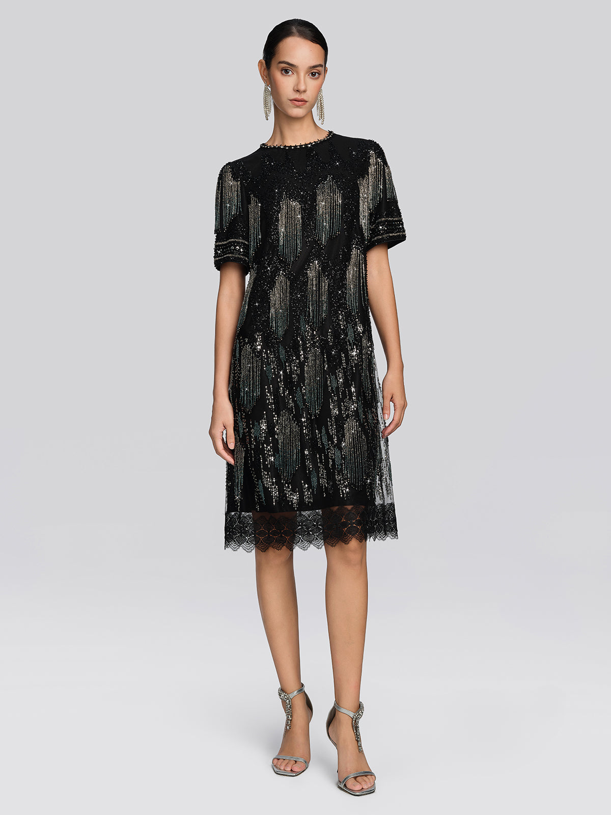 Fringe Beaded Embroidered Mesh Dress