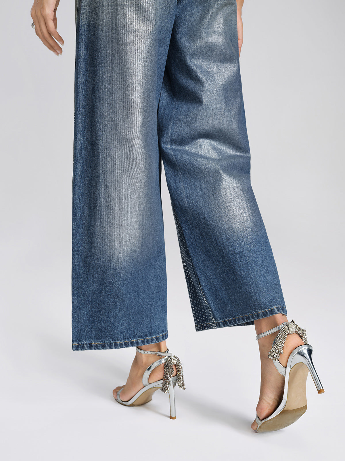 Silver-Washed Rhinestone Wide-Leg Jeans