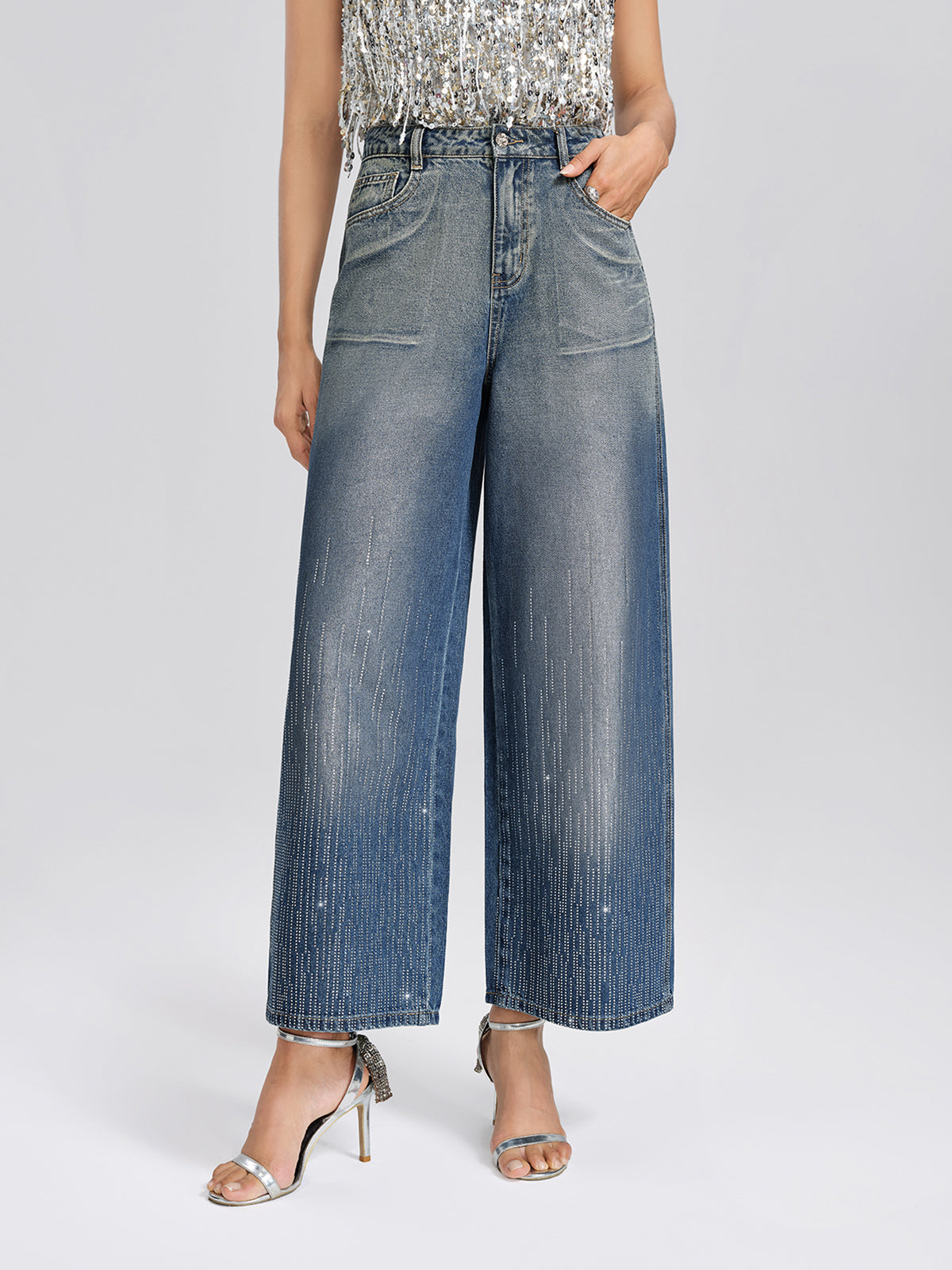 Silver-Washed Rhinestone Wide-Leg Jeans