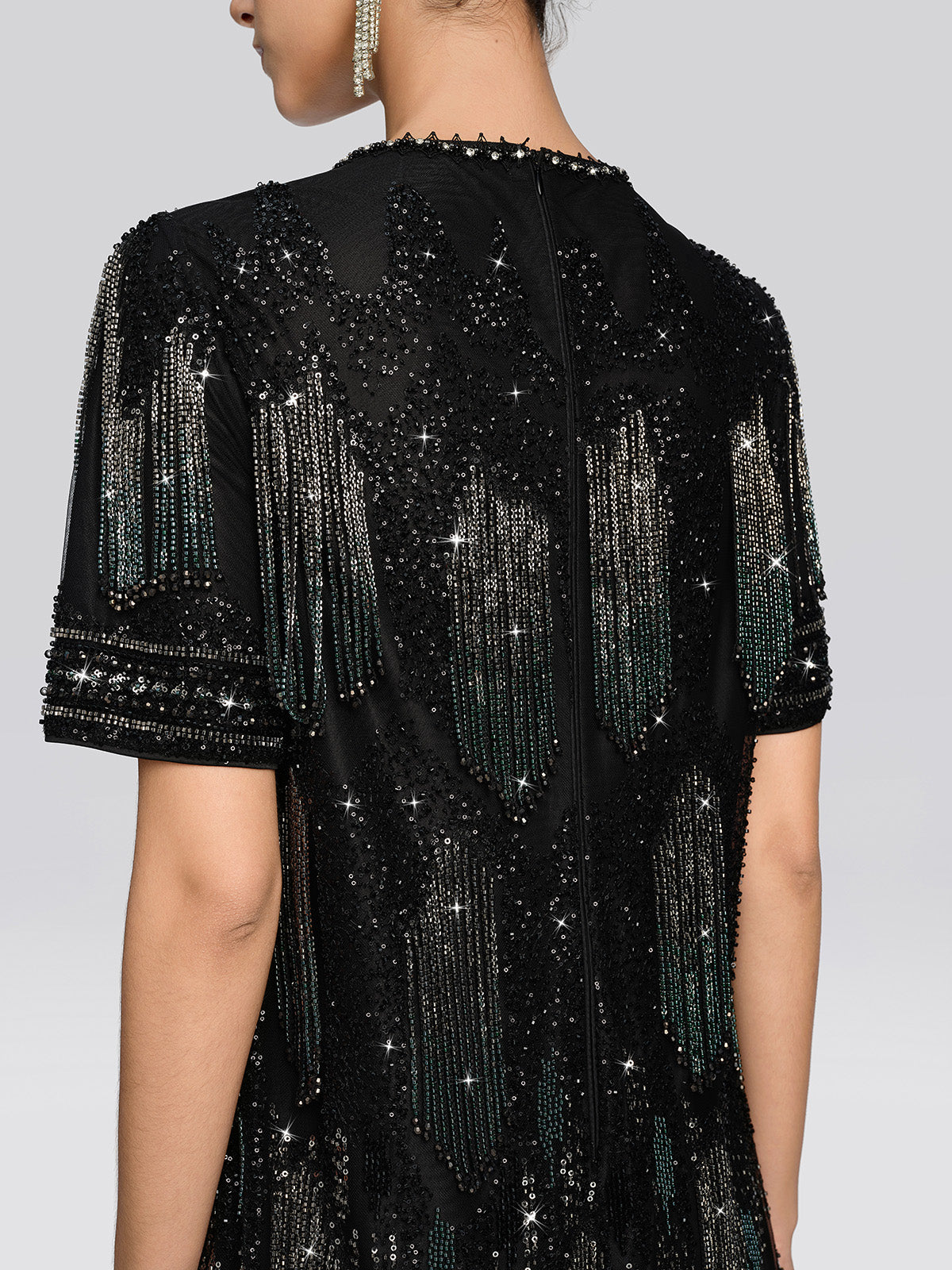 Fringe Beaded Embroidered Mesh Dress
