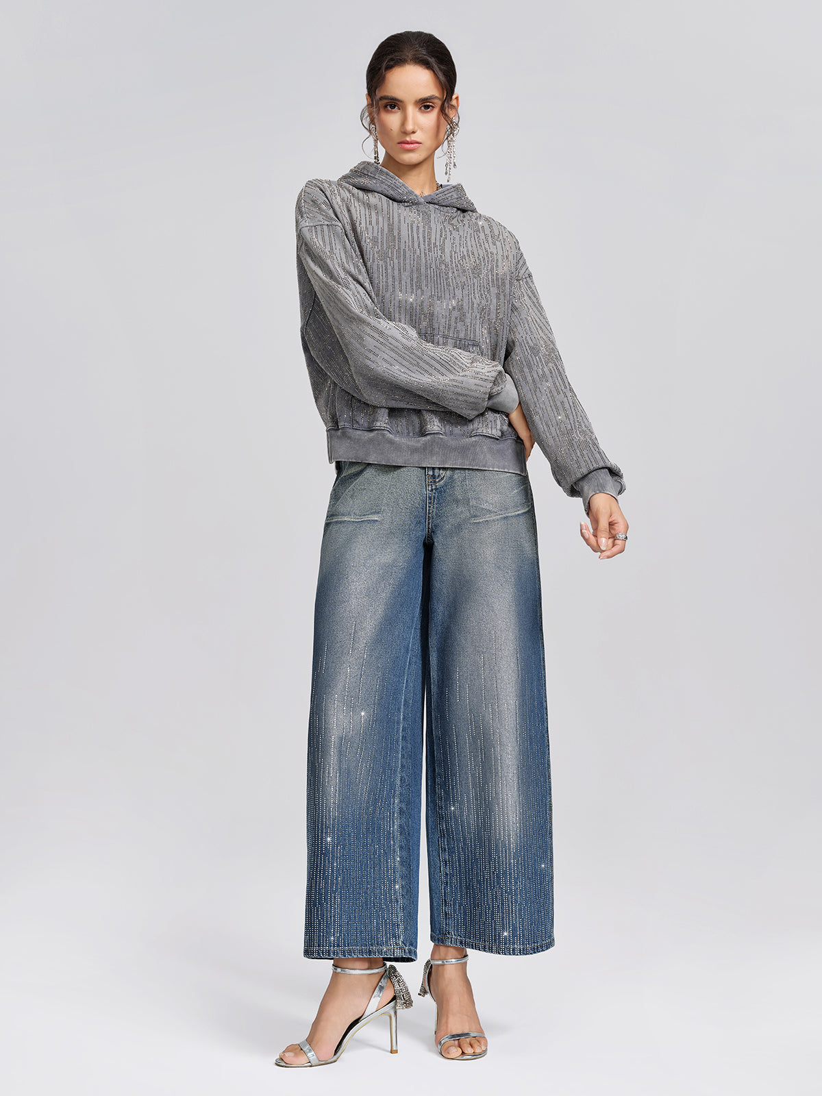 Silver-Washed Rhinestone Wide-Leg Jeans