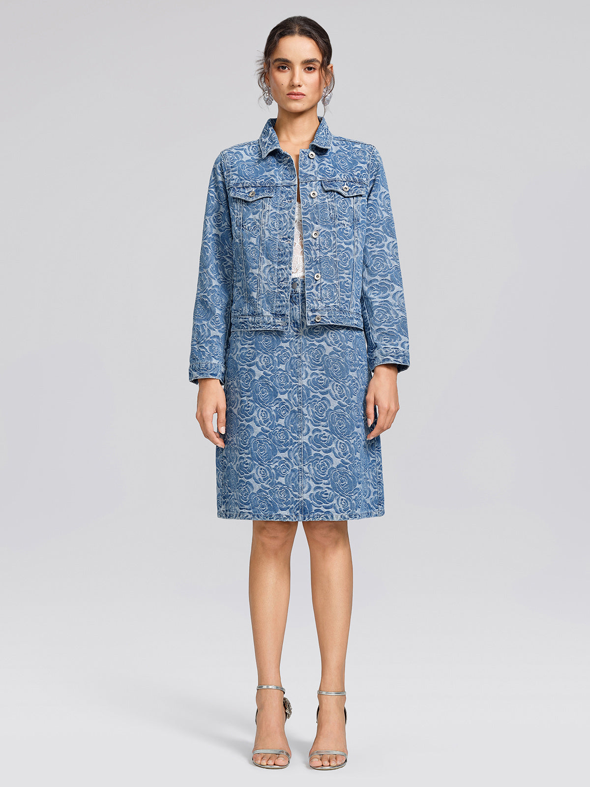 100% Cotton Denim Rose Print Skirt