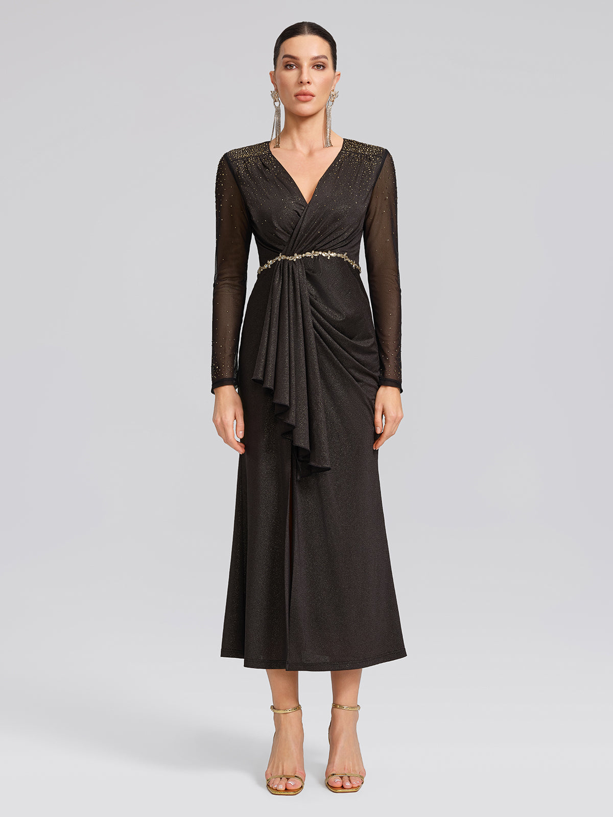 Hand-Set Gradient Rhinestone Pleated V-Neck Dress
