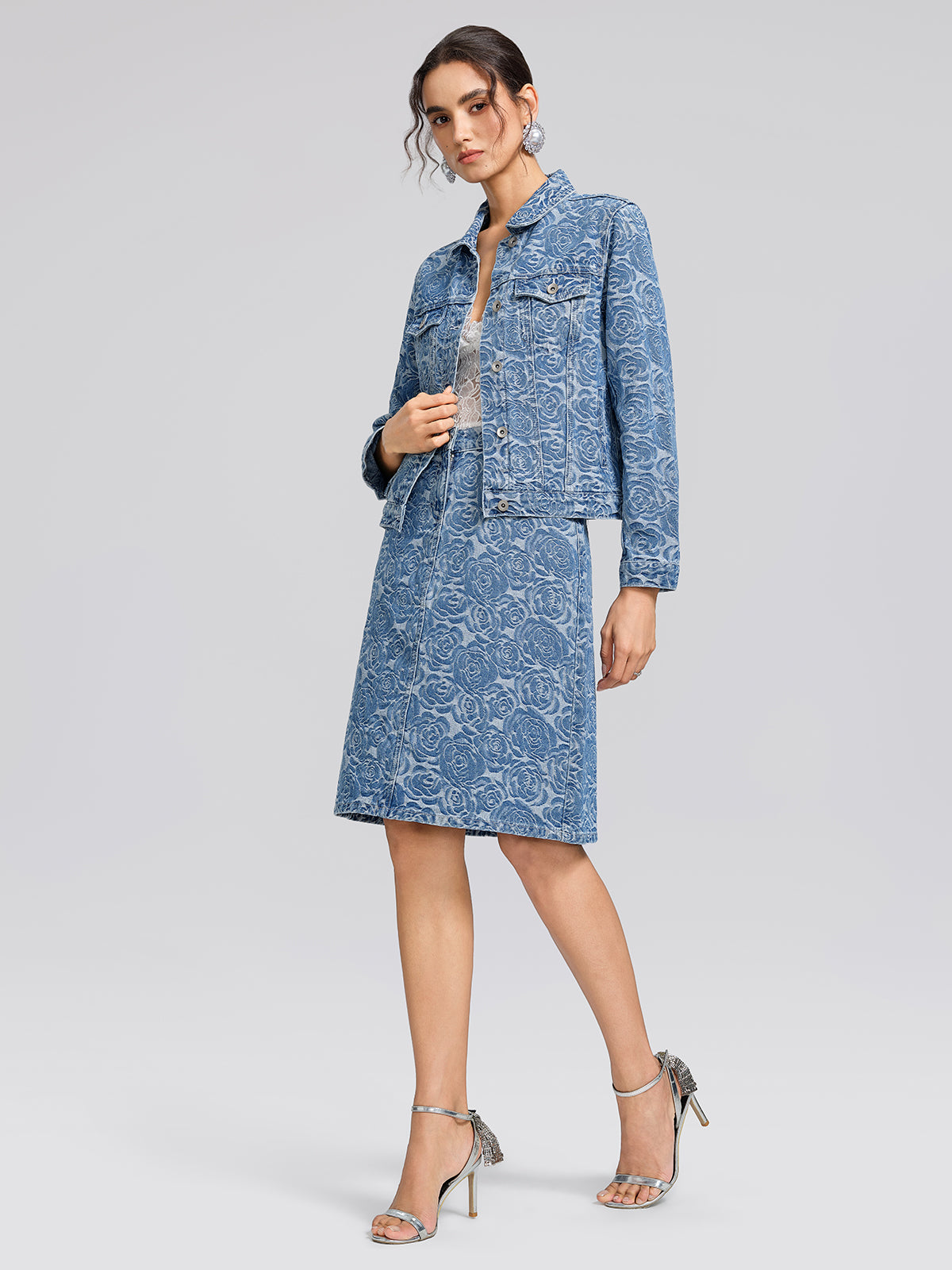 100% Cotton Denim Rose Print Skirt