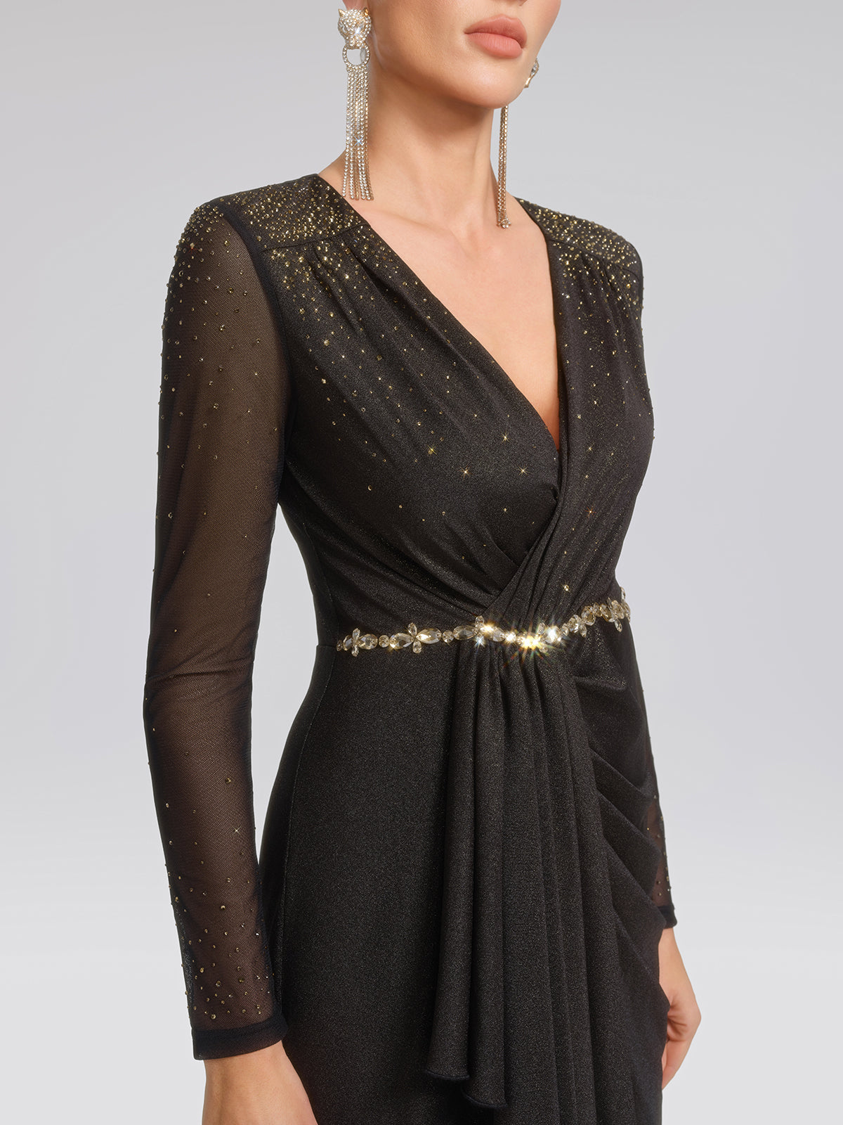 Hand-Set Gradient Rhinestone Pleated V-Neck Dress