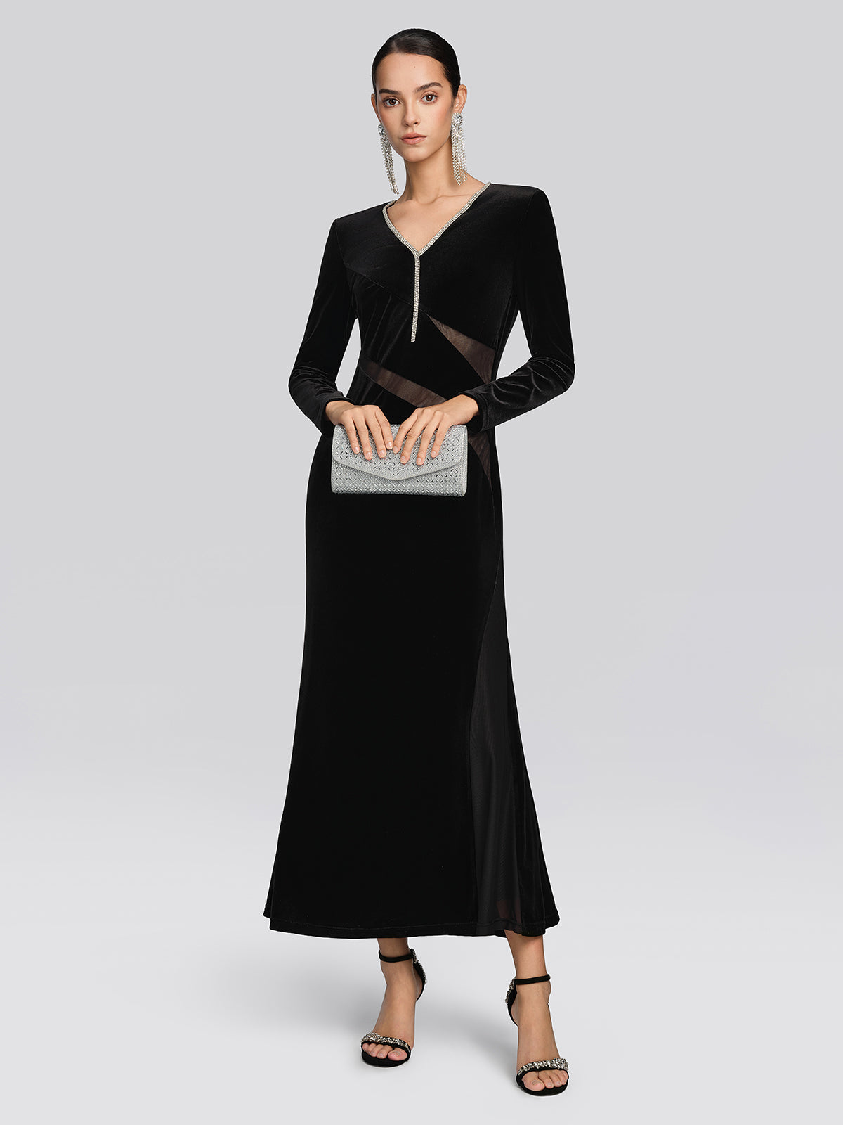 Stretch Velvet Crystal Mesh Mermaid Dress