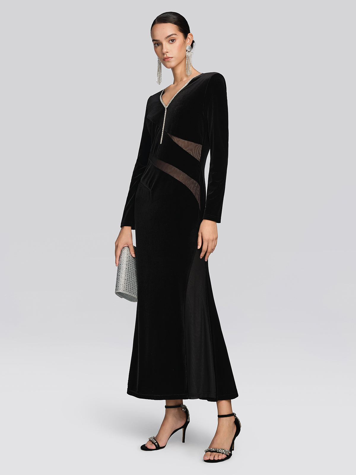 Stretch Velvet Crystal Mesh Mermaid Dress