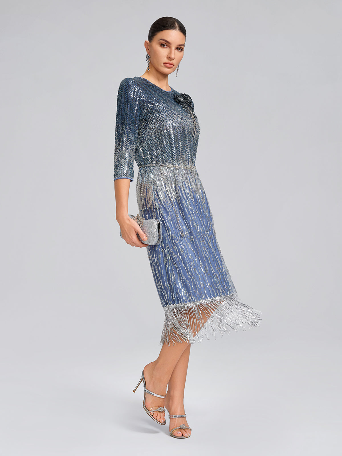 Fringe Gradient Sequin 3D Floral Dress