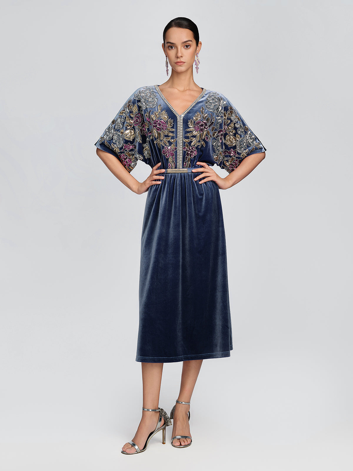 Velvet Floral Sequin Beaded Dress