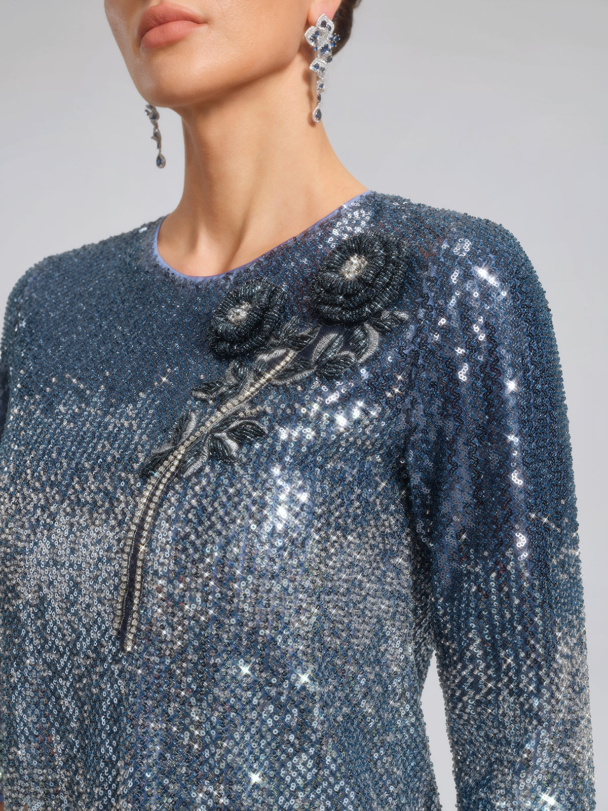 Fringe Gradient Sequin 3D Floral Dress