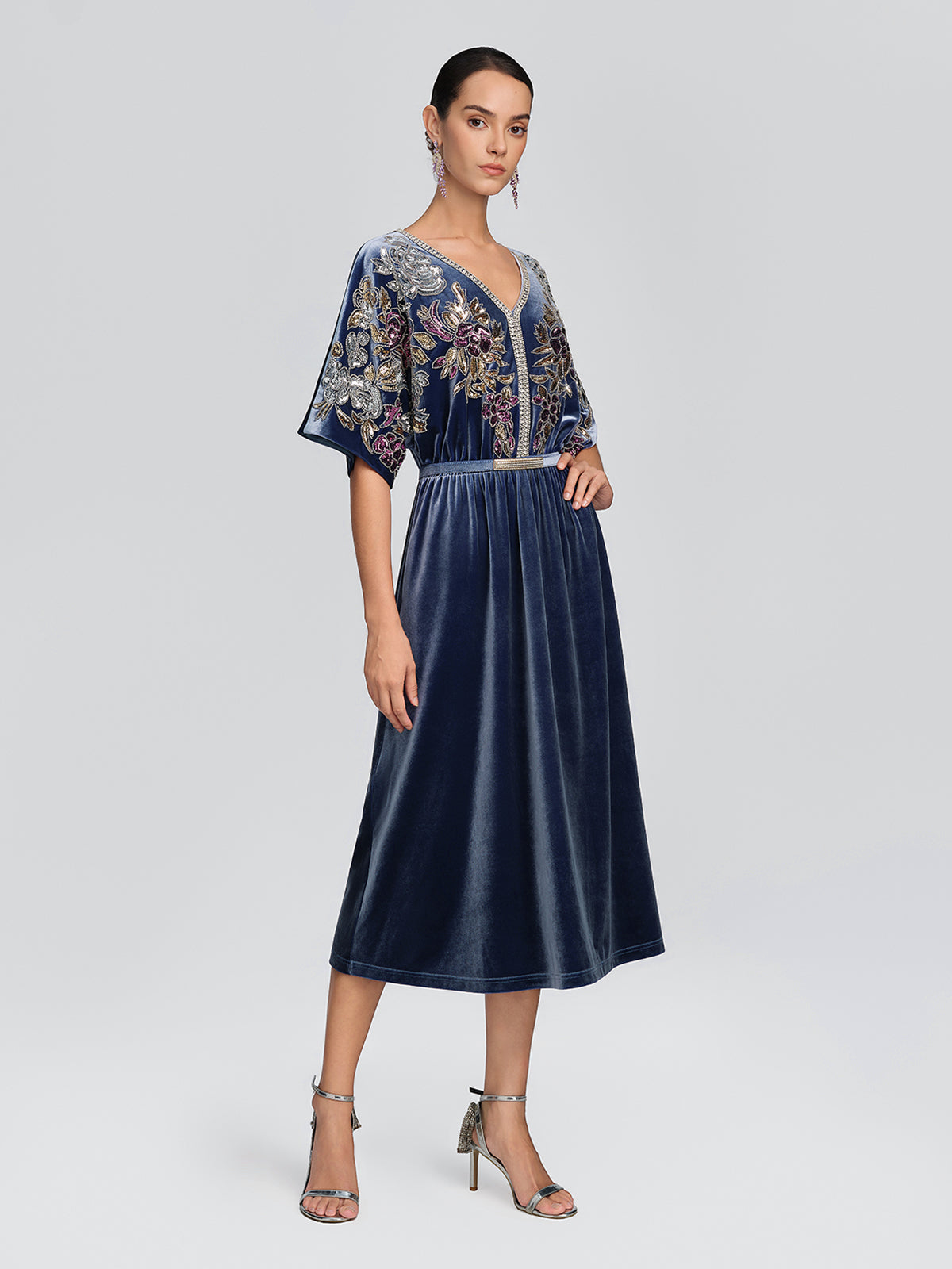 Velvet Floral Sequin Beaded Dress