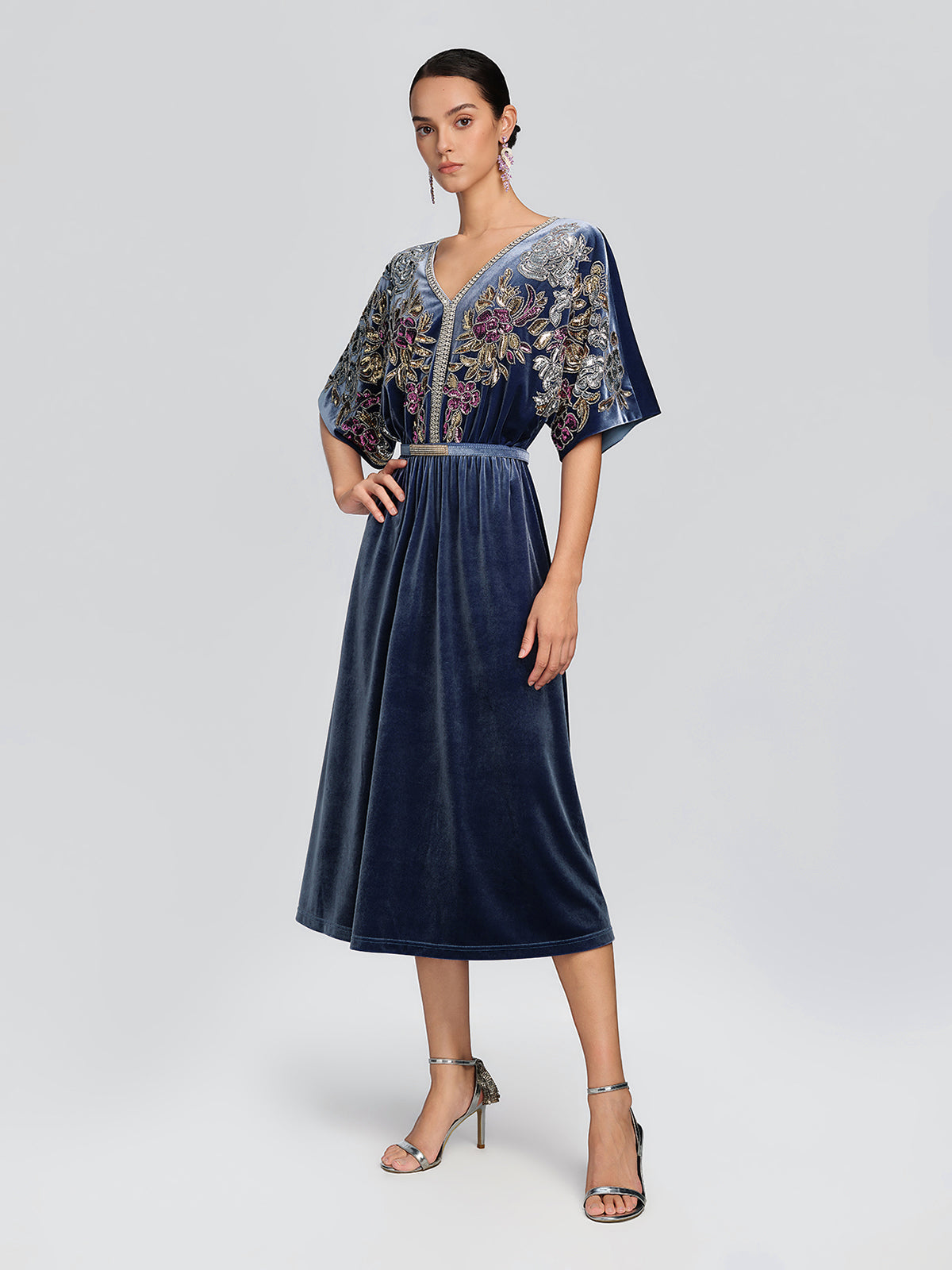 Velvet Floral Sequin Beaded Dress