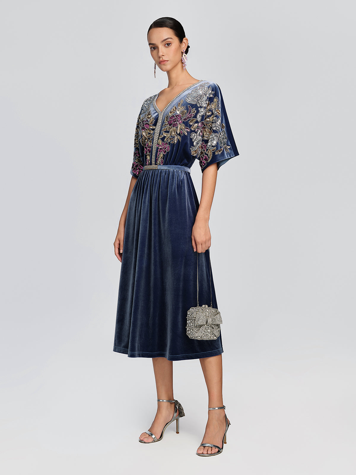 Velvet Floral Sequin Beaded Dress