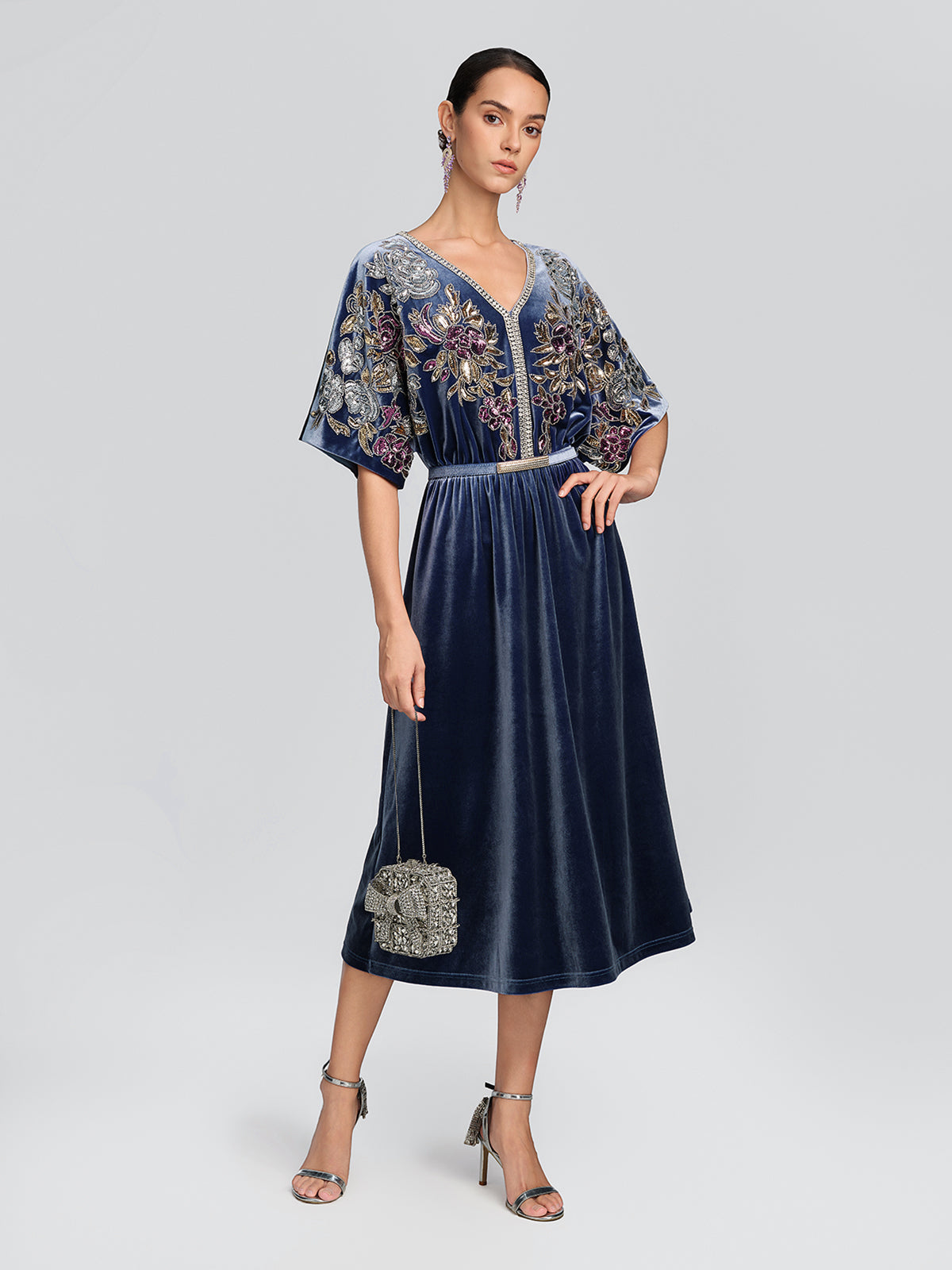 Velvet Floral Sequin Beaded Dress
