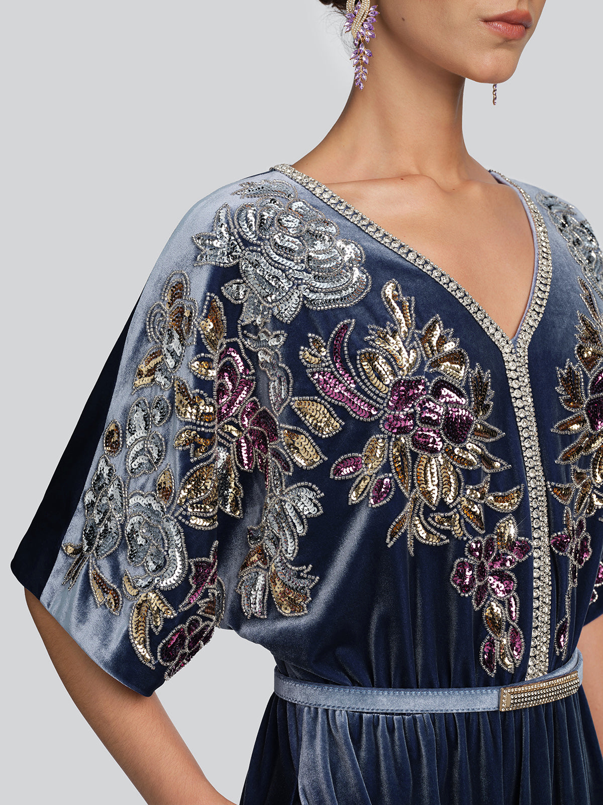 Velvet Floral Sequin Beaded Dress