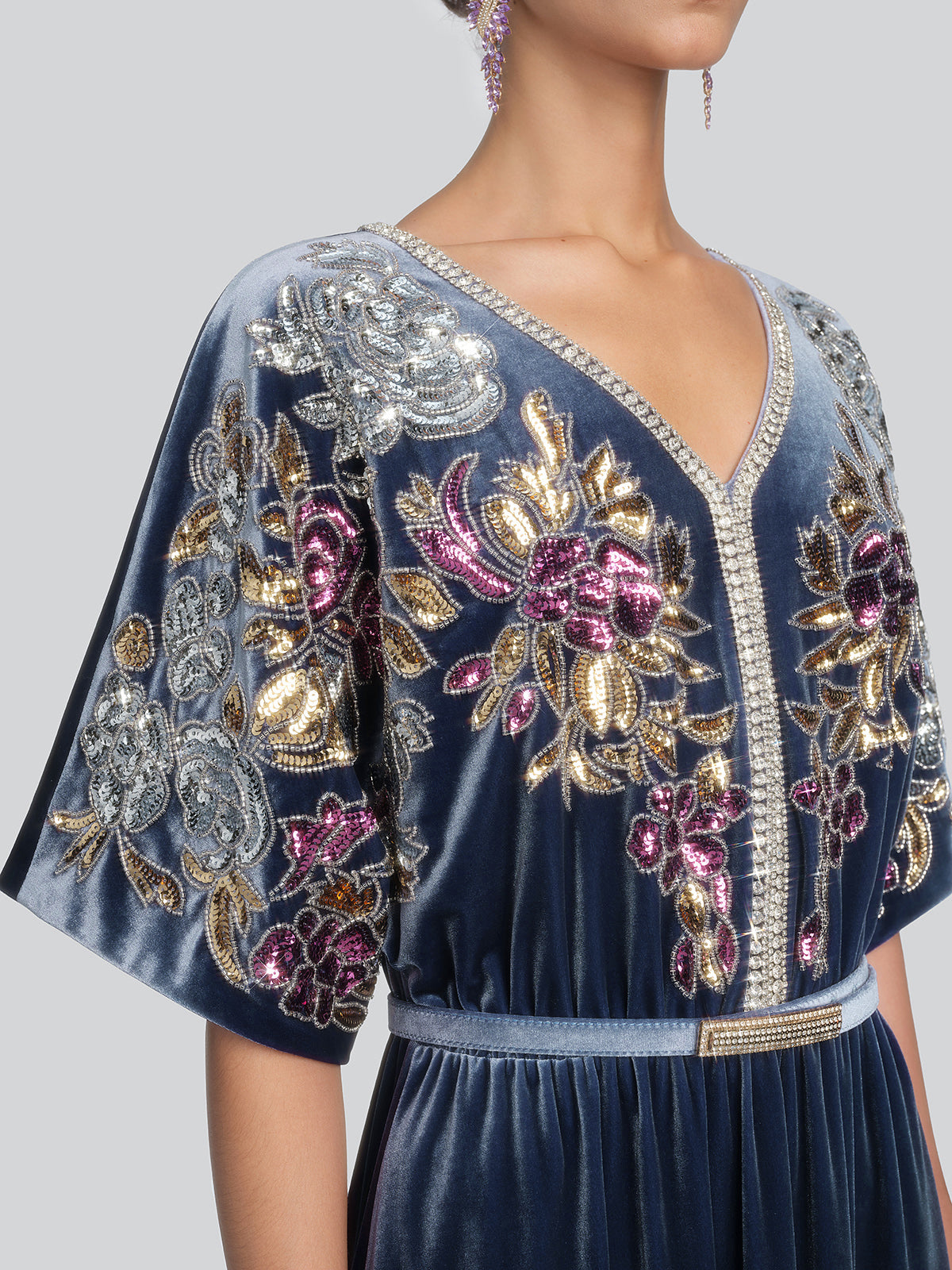 Velvet Floral Sequin Beaded Dress