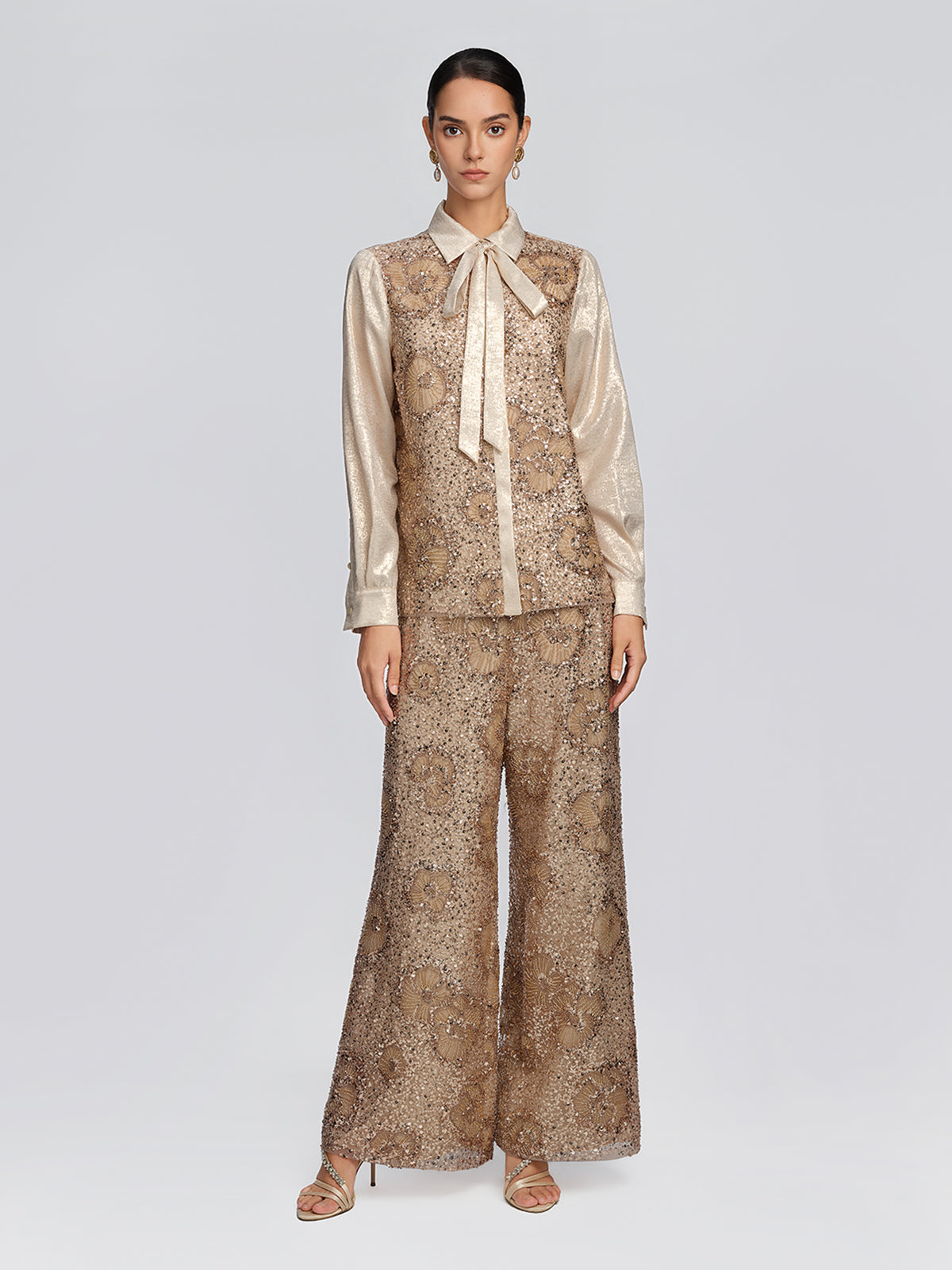 Mesh Vintage Floral Beaded Wide-Leg Pants