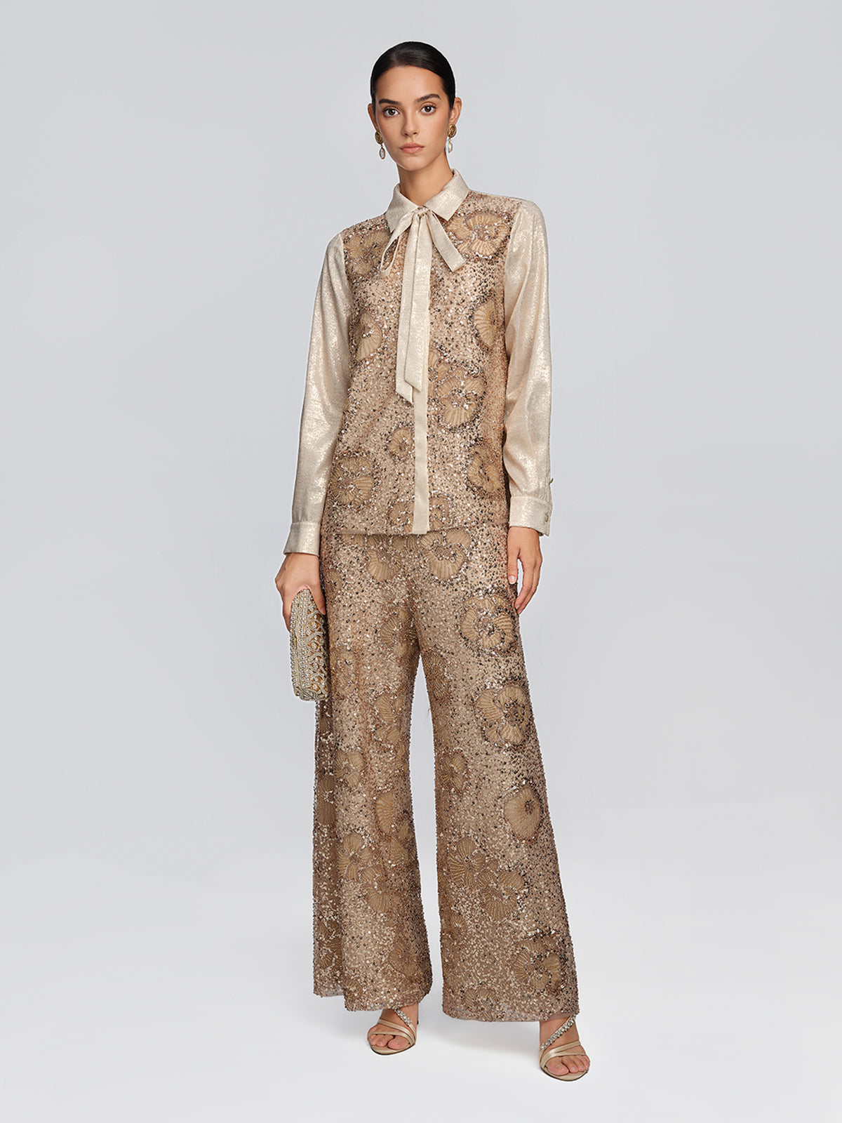 Metallic Sequin Beaded Bow Shirt