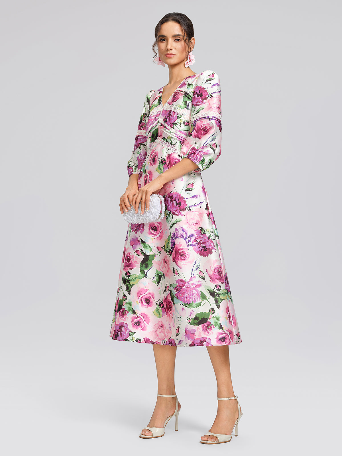 Rose Print Satin Lace Dress