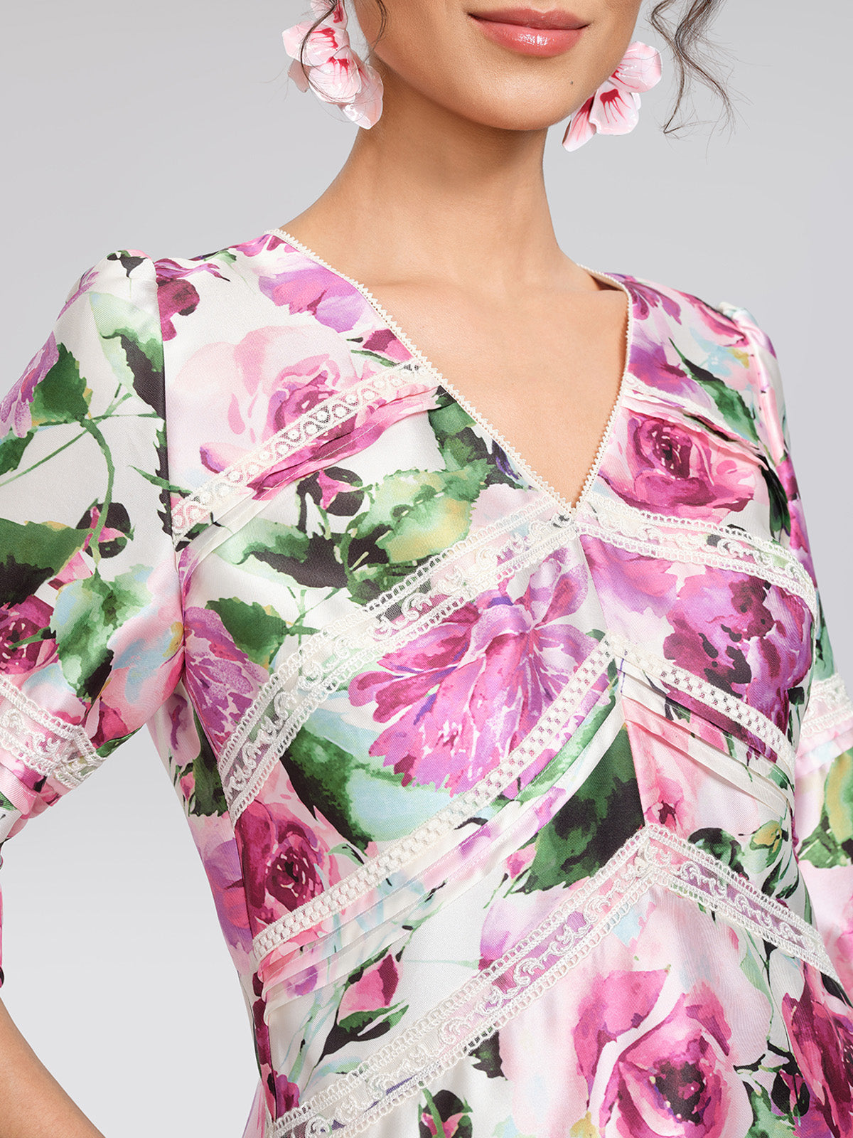 Rose Print Satin Lace Dress