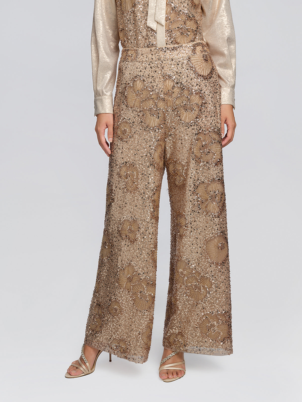 Mesh Vintage Floral Beaded Wide-Leg Pants